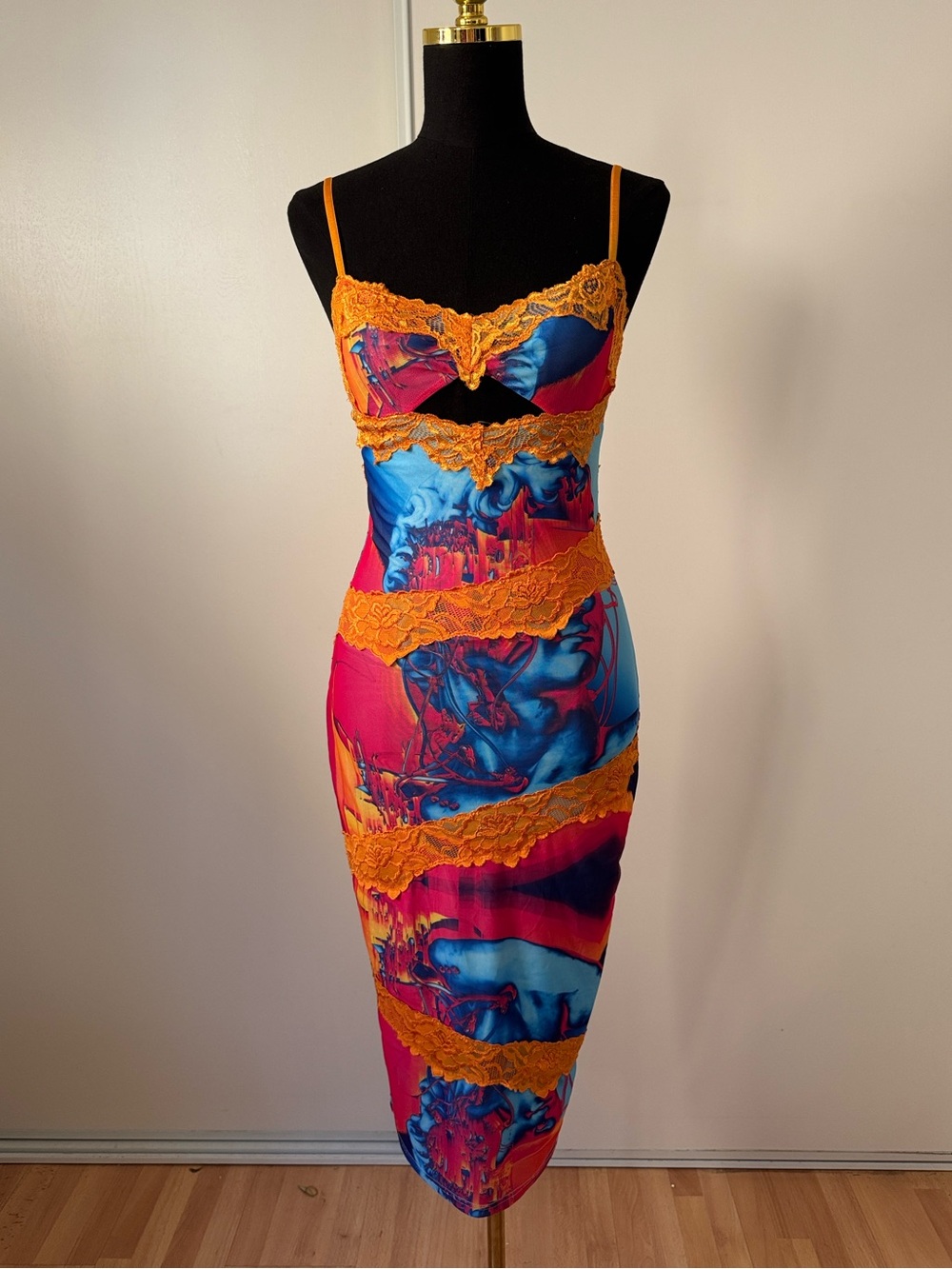 Tiger Mist Multicolor Marble-Print Slip Dress with Orange Lace Trim